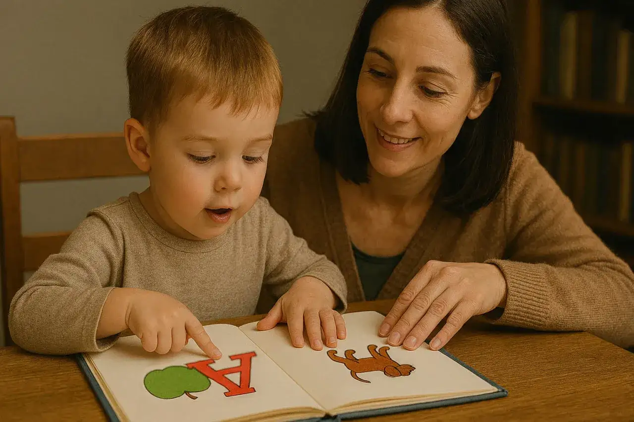 Mama uczy synka, jak nauczyć dziecko czytać, wskazując paluszkiem na literkę 