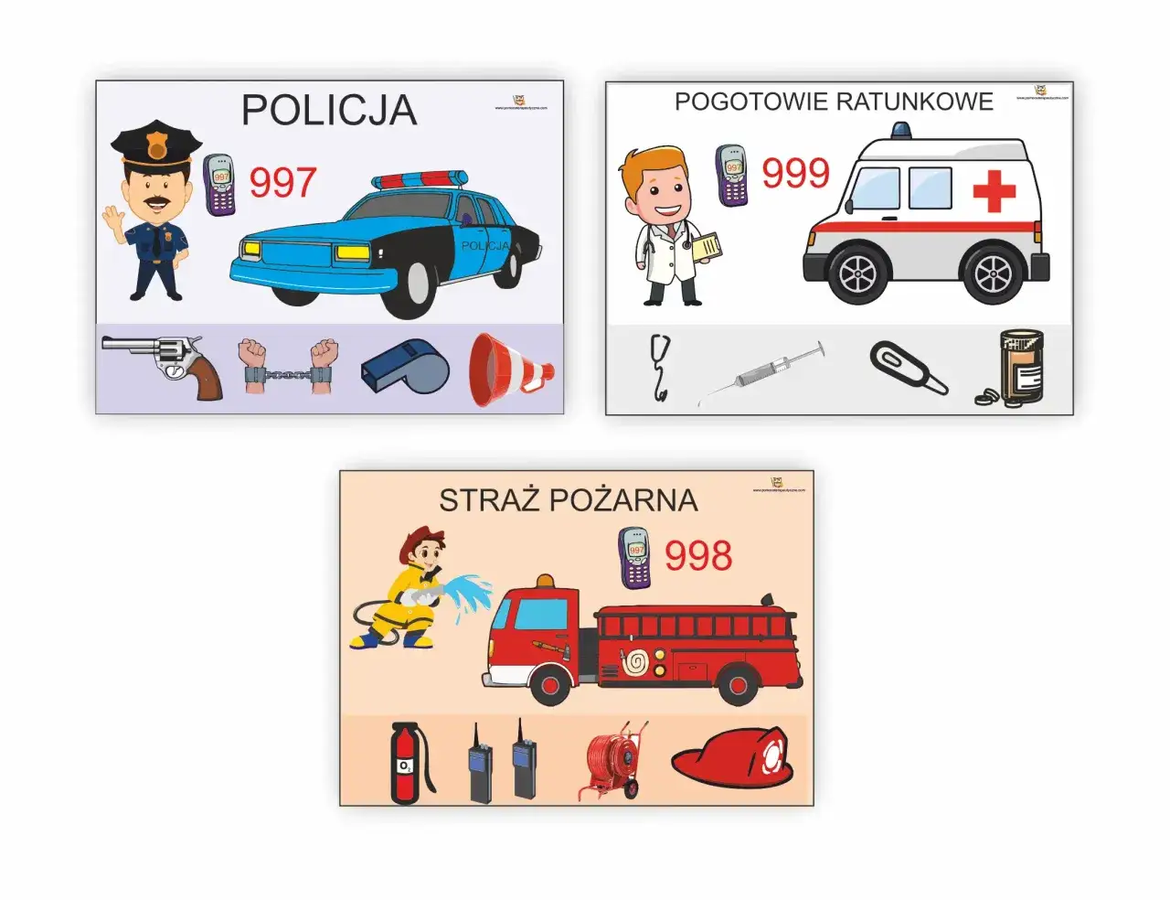 Numery alarmowe dla dzieci: Policja 997, Pogotowie 999, Straż Pożarna 998. Ilustracje pokazują służby ratunkowe i ich sprzęt.