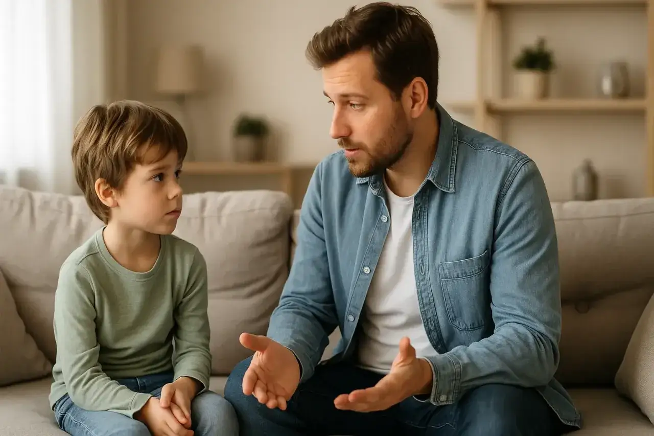 Ojciec spokojnie tłumaczy synowi zasady, ucząc go stawiania granic dziecku.