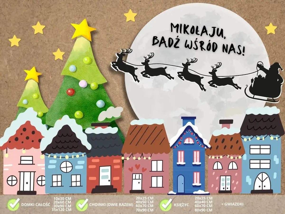 Kolorowe domki, choinki i sanie Mikołaja z reniferami. Idealne pomysły na mikołajki w przedszkolu.