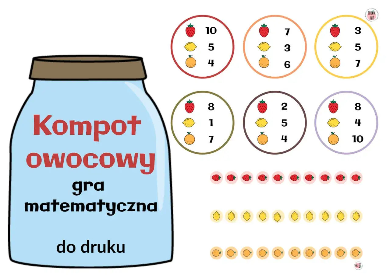 Zabawy matematyczne do wydrukowania: owocowy kompot z zadaniami z dodawania i odejmowania.