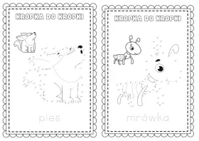 Dwa obrazki do rysowania po kropkach: pies i mrówka. Dzieci łączą punkty, by stworzyć zwierzątka.