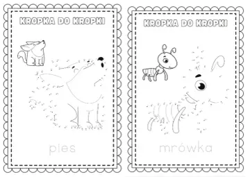 Dwa obrazki do rysowania po kropkach: pies i mrówka. Dzieci łączą punkty, by stworzyć zwierzątka.
