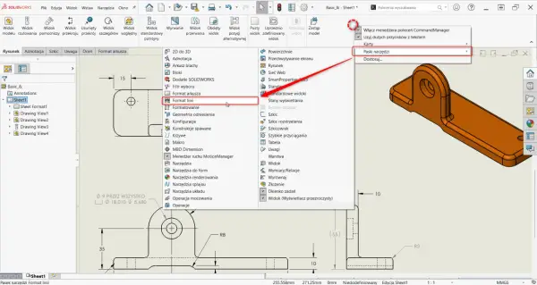 Nauka rysowania krok po kroku: wybór "Format linii" z menu Narzędzia w programie CAD.