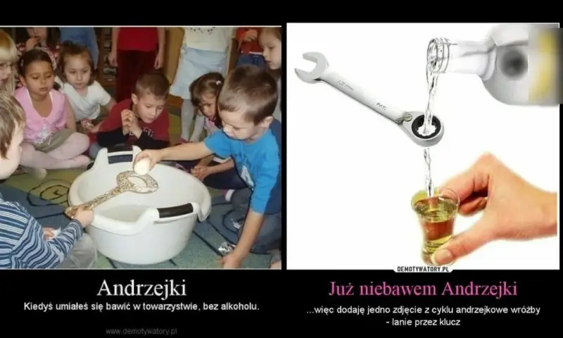 Dzieci bawią się w andrzejkowe wróżby z kluczem i jajkiem. Obok zdjęcie z butelki leje się alkohol przez klucz do kieliszka.
