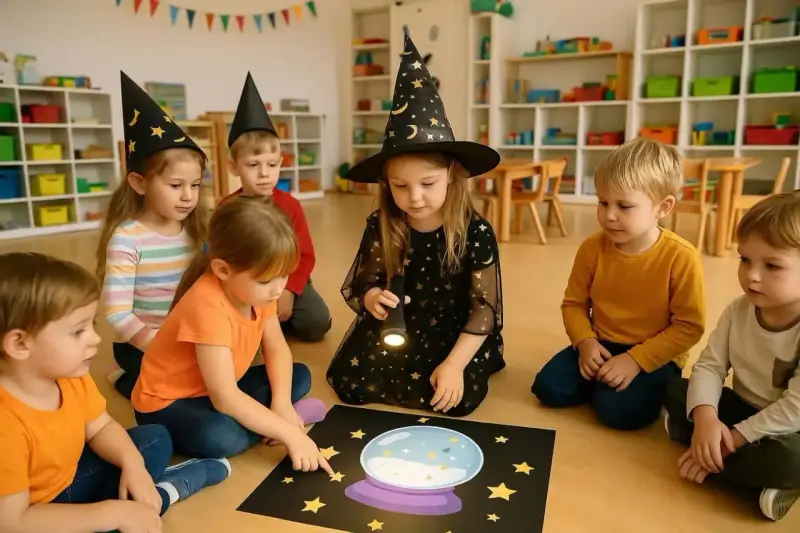 Dzieci w czarodziejskich czapkach na podłodze, przygotowują się do wróżb andrzejkowych w szkole. Jedna z dziewczynek świeci latarką na magiczną kulę.