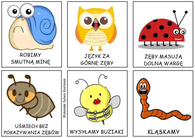 Ćwiczenia logopedyczne dla 5 latka: ślimak robi smutną minę, sowa pokazuje język za górne zęby, biedronka masuje zęby dolną wargę, mrówka uśmiecha się bez pokazywania zębów, pszczoła wysyła buziaki, dżdżownica klaszcze.
